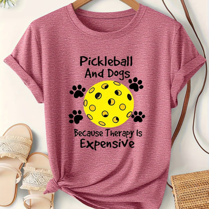 Fashion Printed Women'S Short Sleeve T-Shirt | "Pickleball And Dog" English Letter Print, Lightweight, Cute, Easy Elegant Retro Casual Versatile Korean Style Top, Crew Neck, All Season, Vacation Beach Holiday Sports Women'S A