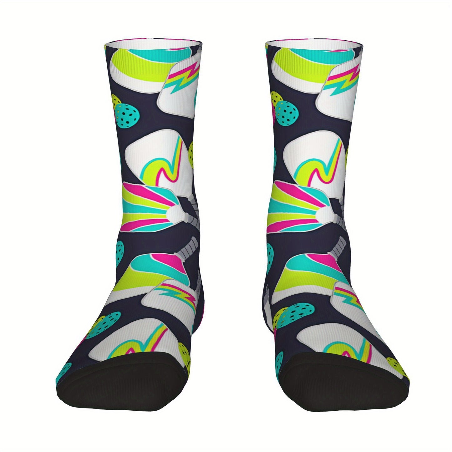 1 Pair Unisex Compression Socks - Hip Hop Vintage Pickleball Party Design, Seamless Crew Socks with Random Printed Novelty Patterns, Funny Street Style for Sports & Casual Wear