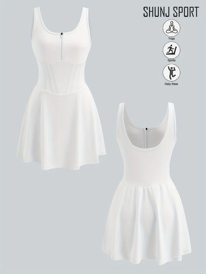 Women's Anti-See-Through Base Layer Sports Dress, New Summer Outdoor Running Fitness Tennis Skirt, Slim-Fit Women's Backless Spring/Summer Tennis/Badminton Fitness Anti-See-Through Zippered Yoga Dress, Pink Side Pocket 2-in-1