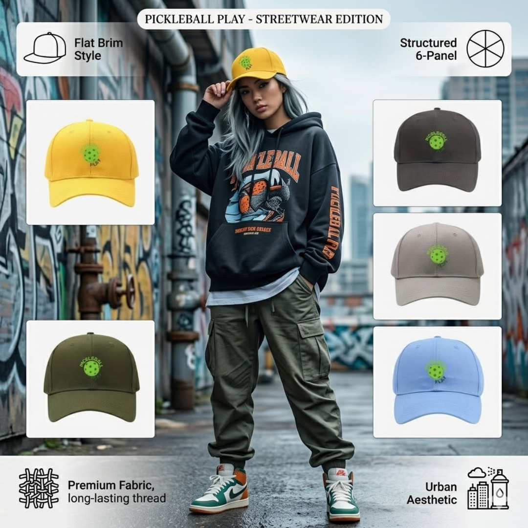 Pickleball Play Snapback Cap - Unisex Adjustable Flat Brim Breathable Sports Hat, Casual Outdoor Gift for Men Women