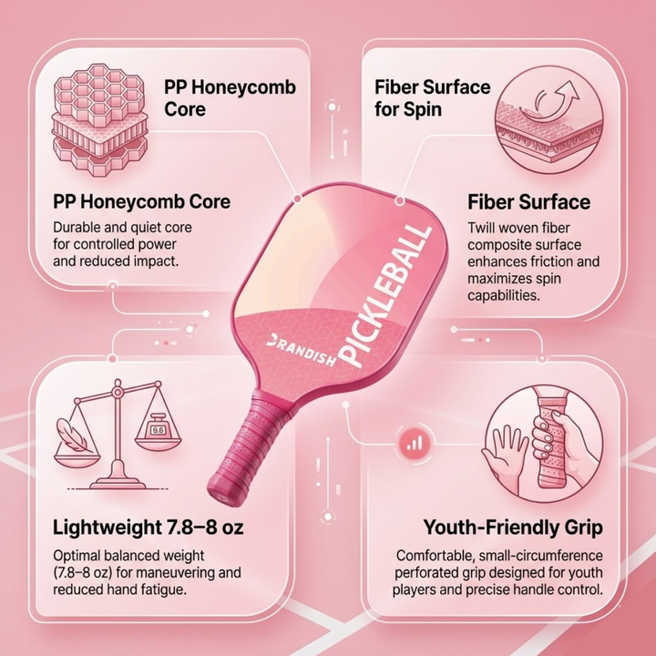 Modern 1 Fiber Pickleball Paddle - Pink Cold Pressed PP Honeycomb Core Lightweight Youth, Unisex Spin Control Paddle