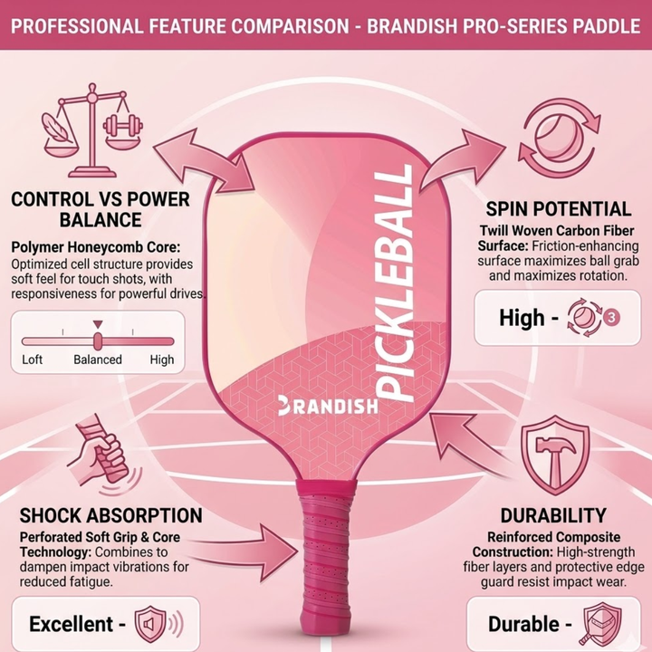 Modern 1 Fiber Pickleball Paddle - Pink Cold Pressed PP Honeycomb Core Lightweight Youth, Unisex Spin Control Paddle