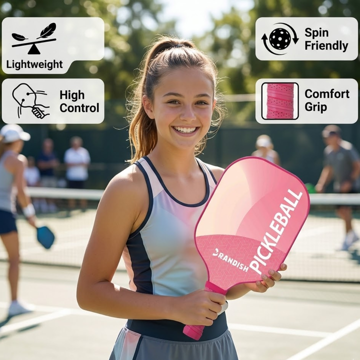 Modern 1 Fiber Pickleball Paddle - Pink Cold Pressed PP Honeycomb Core Lightweight Youth, Unisex Spin Control Paddle