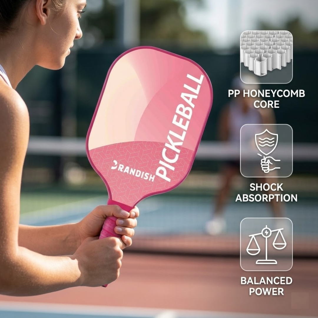 Modern 1 Fiber Pickleball Paddle - Pink Cold Pressed PP Honeycomb Core Lightweight Youth, Unisex Spin Control Paddle