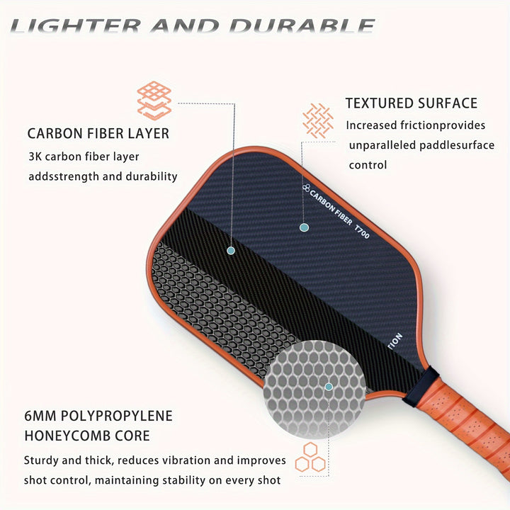3K Carbon Fiber Pickleball Paddle T700 Frame Honeycomb Core TPU Edge PU Grip Lightweight Spin Control Racket