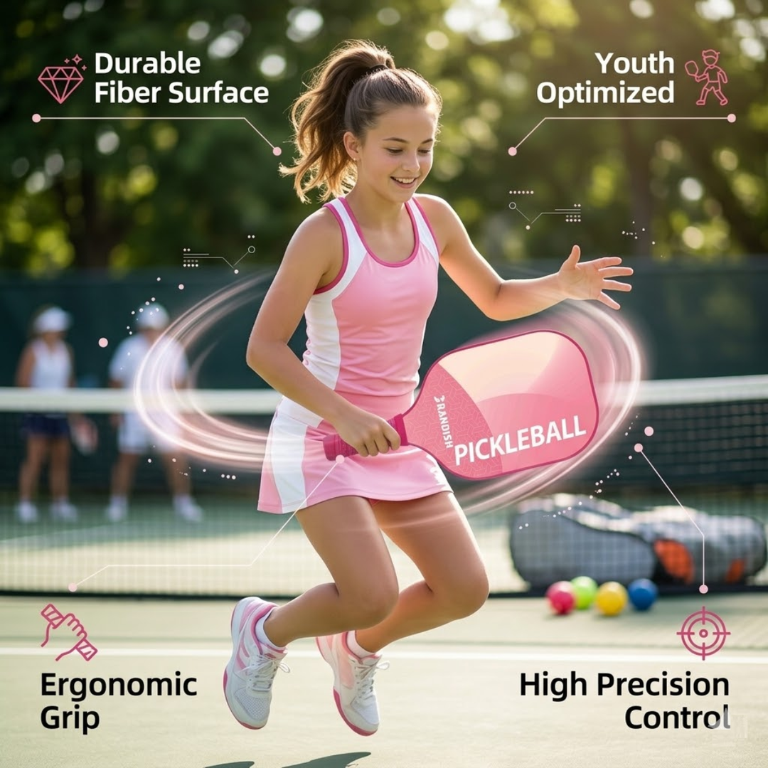 Modern 1 Fiber Pickleball Paddle - Pink Cold Pressed PP Honeycomb Core Lightweight Youth, Unisex Spin Control Paddle