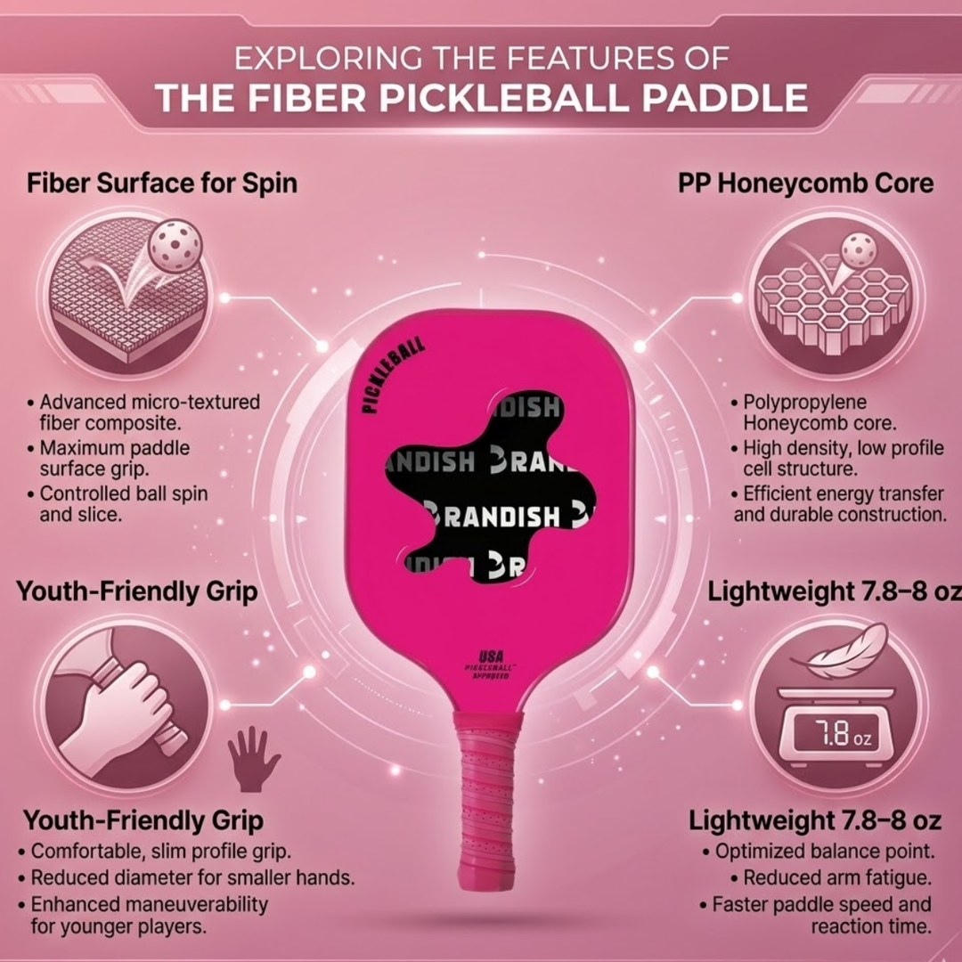Modern 1 Fiber Pickleball Paddle - Pink Cold Pressed PP Honeycomb Core Lightweight Youth, Unisex Spin Control Paddle