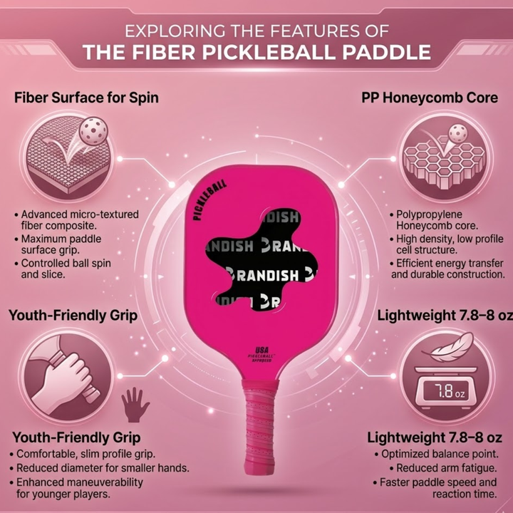 Modern 1 Fiber Pickleball Paddle - Pink Cold Pressed PP Honeycomb Core Lightweight Youth, Unisex Spin Control Paddle