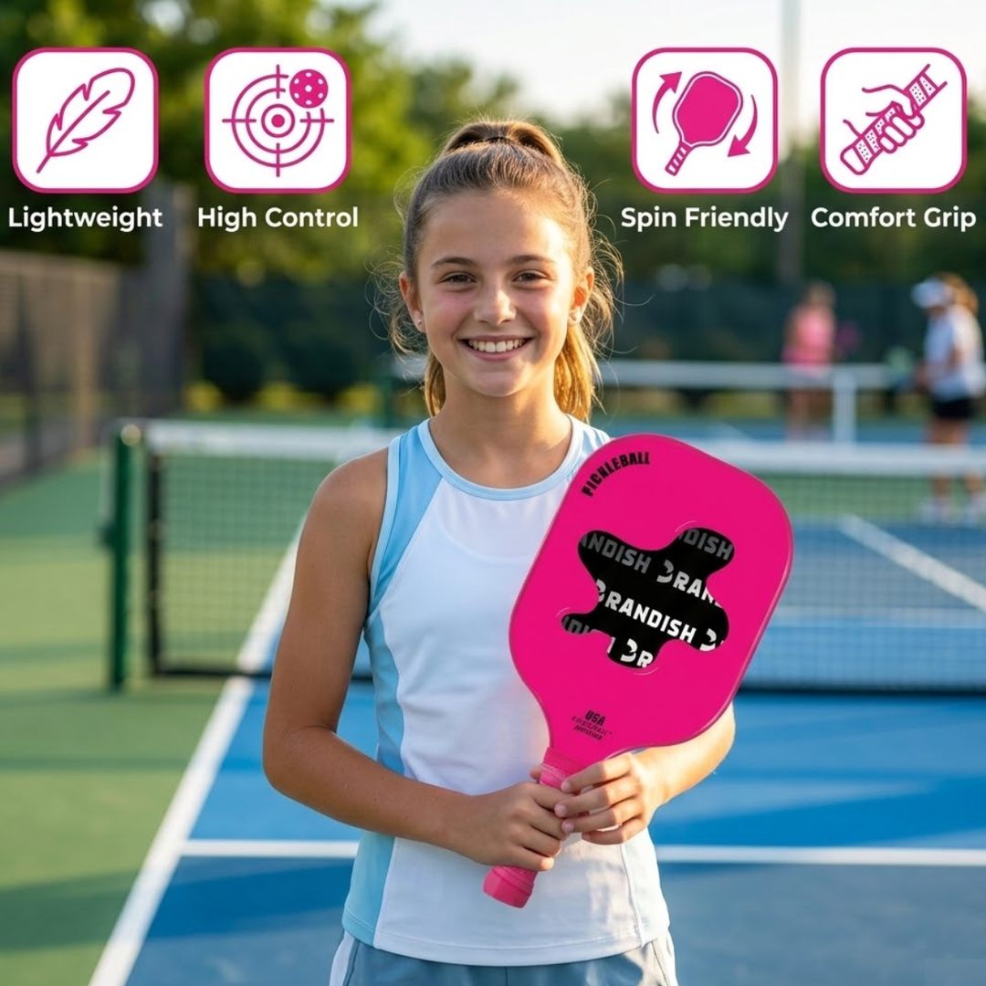 Modern 1 Fiber Pickleball Paddle - Pink Cold Pressed PP Honeycomb Core Lightweight Youth, Unisex Spin Control Paddle