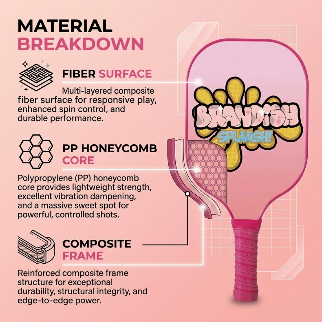 Modern 1 Fiber Pickleball Paddle - Pink Cold Pressed PP Honeycomb Core Lightweight Youth, Unisex Spin Control Paddle