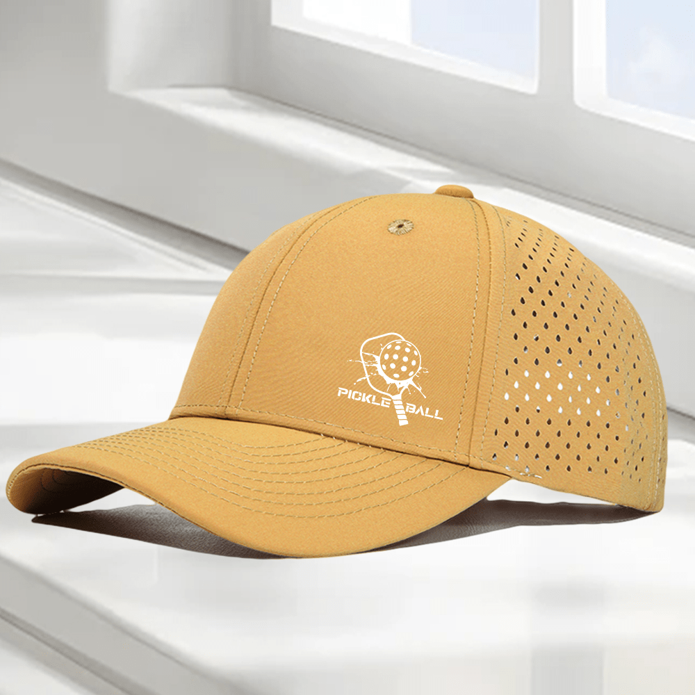 1pc "Pickleball Paddle & PICKLE BALL" Graphic 6-Panel High Quality Baseball Cap, Laser-Cut Breathable Mesh Dad Hat, Available in 10 Colors