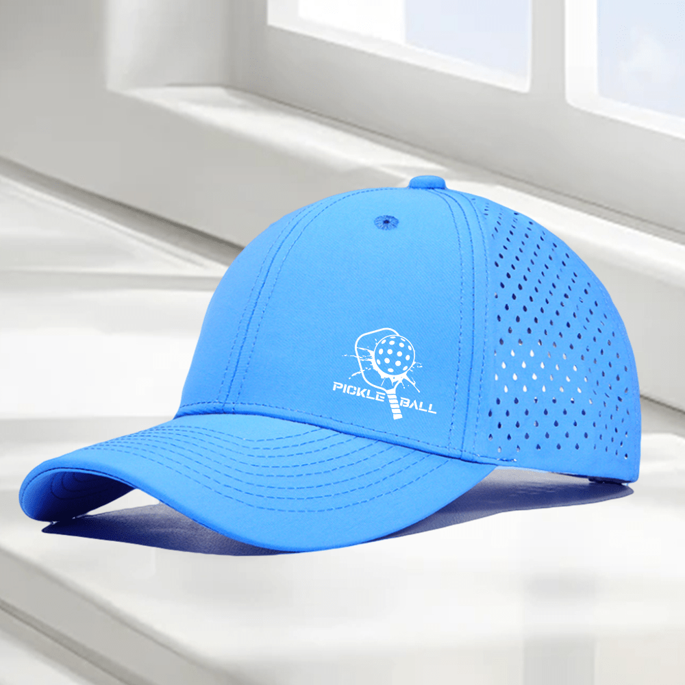 1pc "Pickleball Paddle & PICKLE BALL" Graphic 6-Panel High Quality Baseball Cap, Laser-Cut Breathable Mesh Dad Hat, Available in 10 Colors