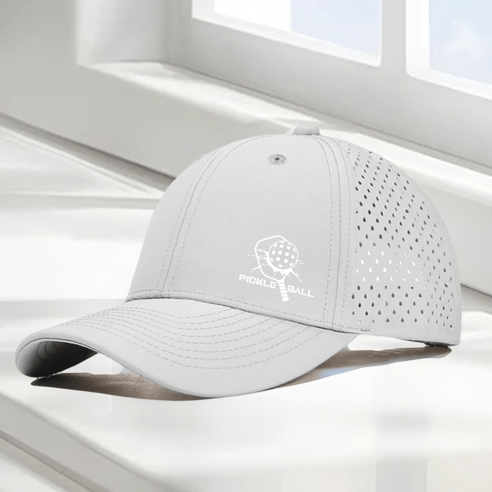 1pc "Pickleball Paddle & PICKLE BALL" Graphic 6-Panel High Quality Baseball Cap, Laser-Cut Breathable Mesh Dad Hat, Available in 10 Colors