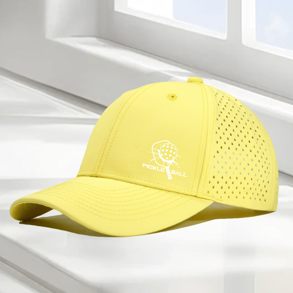 1pc "Pickleball Paddle & PICKLE BALL" Graphic 6-Panel High Quality Baseball Cap, Laser-Cut Breathable Mesh Dad Hat, Available in 10 Colors