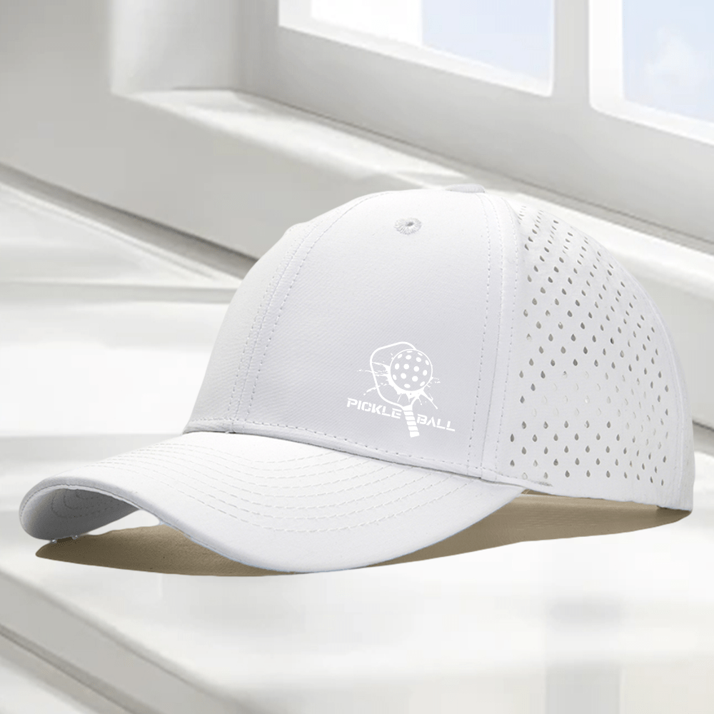 1pc "Pickleball Paddle & PICKLE BALL" Graphic 6-Panel High Quality Baseball Cap, Laser-Cut Breathable Mesh Dad Hat, Available in 10 Colors