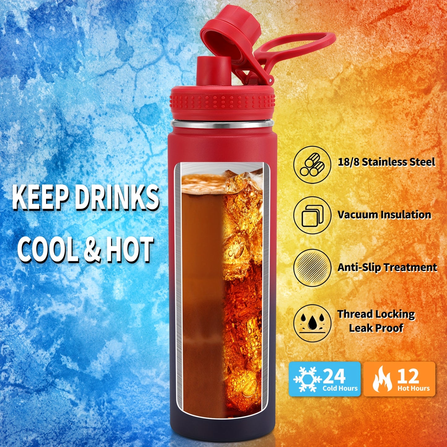 22oz/650ml Insulated Water Bottle with Straw, Stainless Steel Leak Proof Sports Water Flask, Double Walled Vacuum Metal Water Bottle