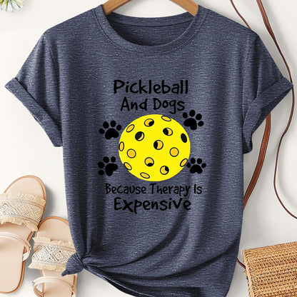 Women's Pickleball & Dogs Print T-Shirt - Lightweight Short Sleeve Casual Round Neck Top with "Paddle Love & Dog Moms" Slogan Suitable for Pickleball Tournaments, Beach Days, Casual Attire - Machine Washable Summer Apparel
