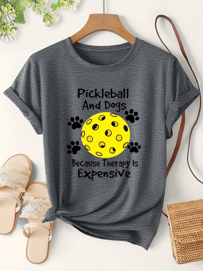 Fashion Printed Women'S Short Sleeve T-Shirt | "Pickleball And Dog" English Letter Print, Lightweight, Cute, Easy Elegant Retro Casual Versatile Korean Style Top, Crew Neck, All Season, Vacation Beach Holiday Sports Women'S A