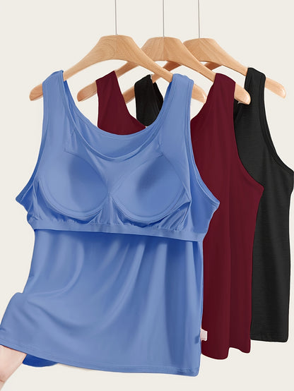 3pcs Set Women's Comfortable Wide Strap Sports Tank Tops with Built-in Pads, No Bra Needed, Simple and Fashionable, Can Be Worn as Innerwear or Outerwear
