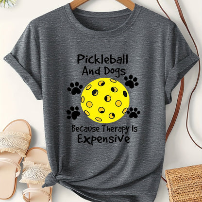 Fashion Printed Women'S Short Sleeve T-Shirt | "Pickleball And Dog" English Letter Print, Lightweight, Cute, Easy Elegant Retro Casual Versatile Korean Style Top, Crew Neck, All Season, Vacation Beach Holiday Sports Women'S A