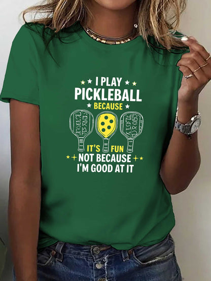 Pickleball Fun Quote Paddles Print T-shirt, Short Sleeve Crew Neck Casual Top for Summer & Spring, Women's Clothing