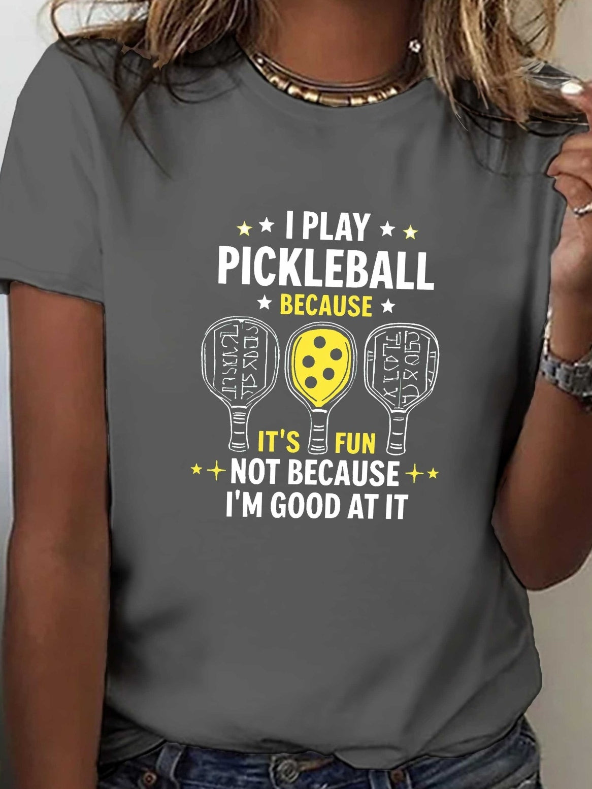 Pickleball Fun Quote Paddles Print T-shirt, Short Sleeve Crew Neck Casual Top for Summer & Spring, Women's Clothing