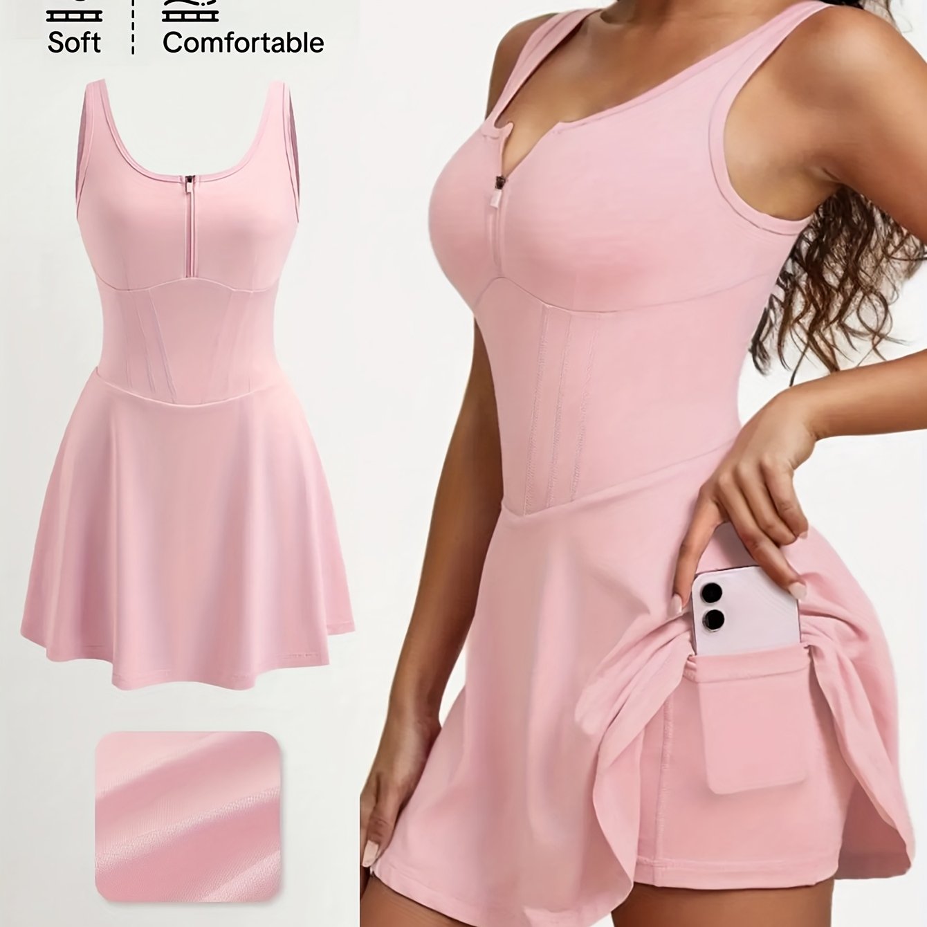 Women's Anti-See-Through Base Layer Sports Dress, New Summer Outdoor Running Fitness Tennis Skirt, Slim-Fit Women's Backless Spring/Summer Tennis/Badminton Fitness Anti-See-Through Zippered Yoga Dress, Pink Side Pocket 2-in-1