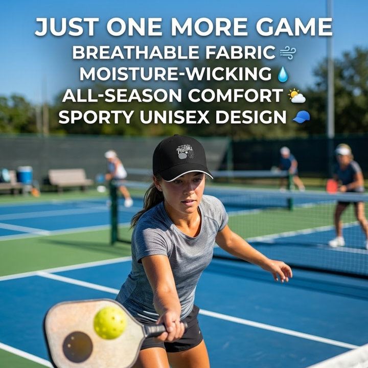 Stylish All-Season Design "Just One More Game" Pickleball Cap - Unisex Adjustable Baseball Cap, Breathable Outdoor Sports Hat for Men Women