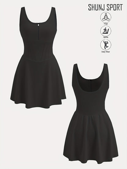 Women's Anti-See-Through Base Layer Sports Dress, New Summer Outdoor Running Fitness Tennis Skirt, Slim-Fit Women's Backless Spring/Summer Tennis/Badminton Fitness Anti-See-Through Zippered Yoga Dress, Pink Side Pocket 2-in-1