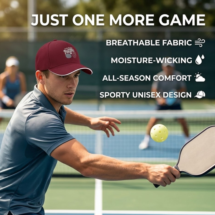 Stylish All-Season Design "Just One More Game" Pickleball Cap - Unisex Adjustable Baseball Cap, Breathable Outdoor Sports Hat for Men Women