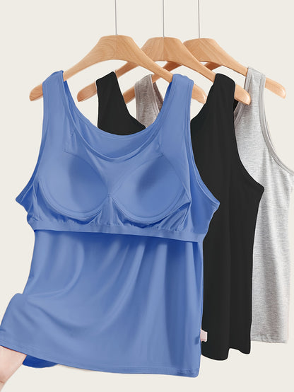 3pcs Set Women's Comfortable Wide Strap Sports Tank Tops with Built-in Pads, No Bra Needed, Simple and Fashionable, Can Be Worn as Innerwear or Outerwear