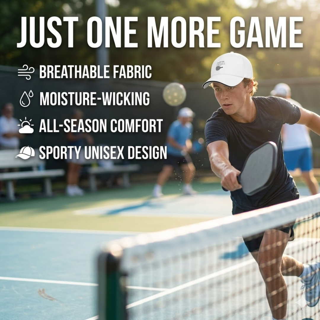 Stylish All-Season Design "Just One More Game" Pickleball Cap - Unisex Adjustable Baseball Cap, Breathable Outdoor Sports Hat for Men Women