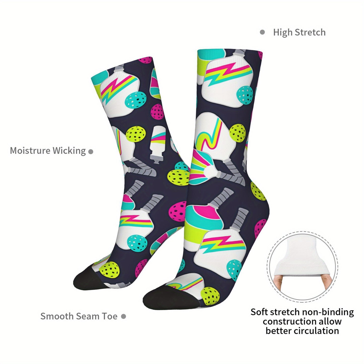 1 Pair Unisex Compression Socks - Hip Hop Vintage Pickleball Party Design, Seamless Crew Socks with Random Printed Novelty Patterns, Funny Street Style for Sports & Casual Wear