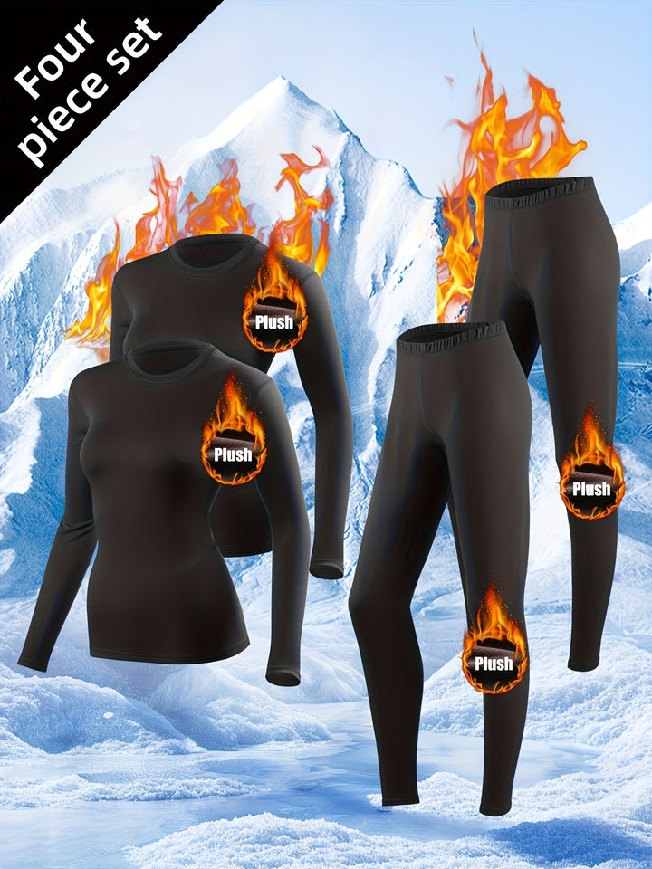 Women’s 4PCS Thermal Underwear Set Fleece Lined Winter Base Layer Top &amp; Leggings Cozy Warm Pajama Suit for Skiing Hiking Cold Weather Wear