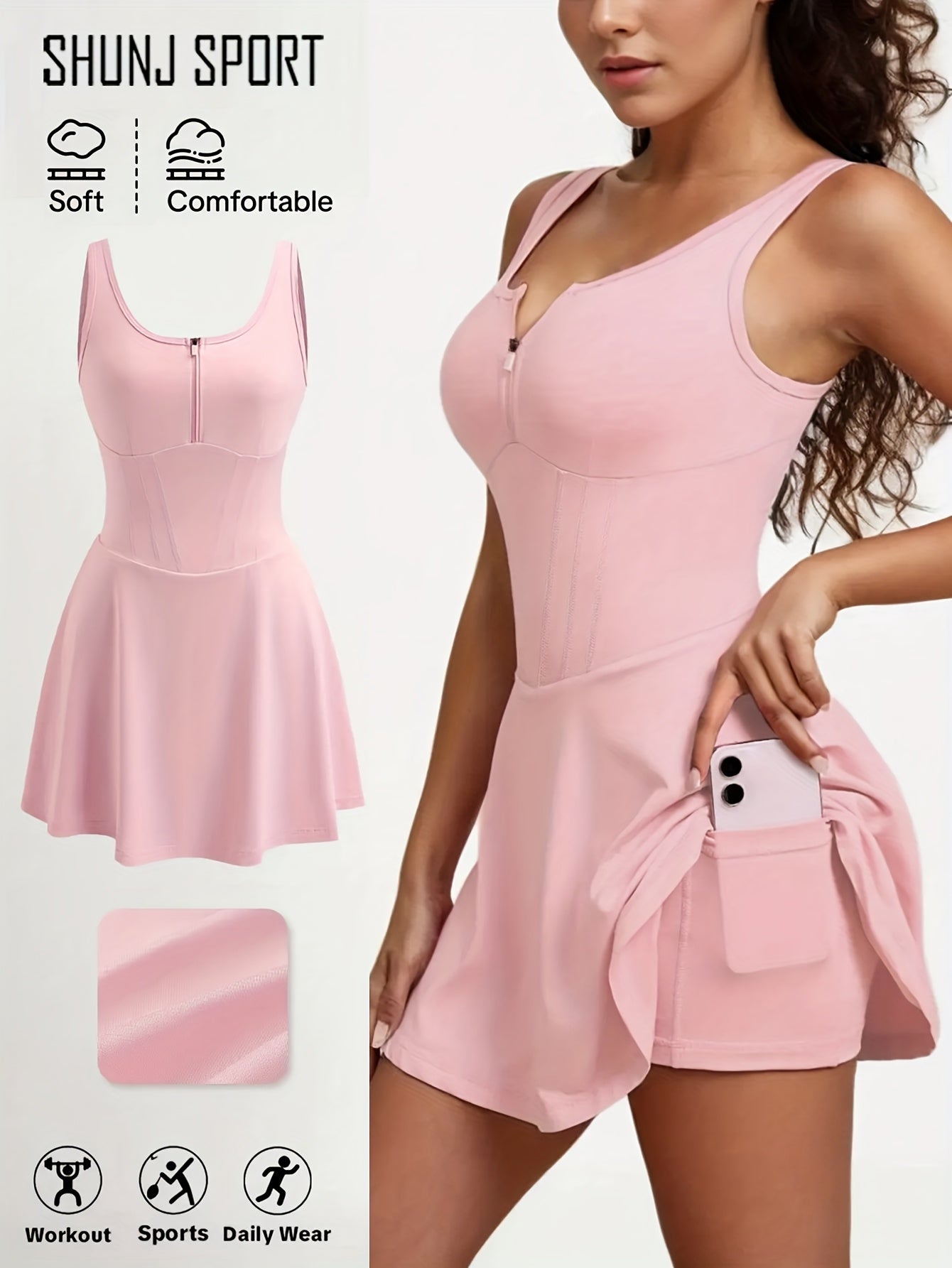 Women's Anti-See-Through Base Layer Sports Dress, New Summer Outdoor Running Fitness Tennis Skirt, Slim-Fit Women's Backless Spring/Summer Tennis/Badminton Fitness Anti-See-Through Zippered Yoga Dress, Pink Side Pocket 2-in-1