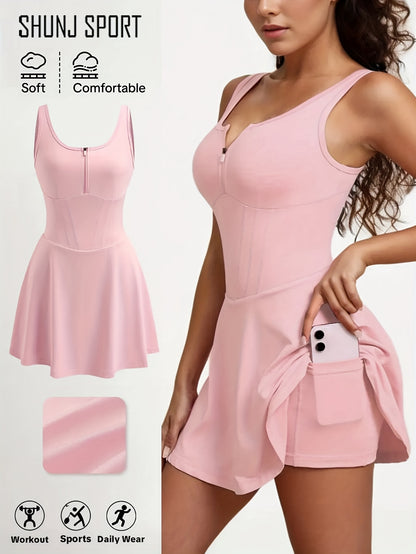 Women's Anti-See-Through Base Layer Sports Dress, New Summer Outdoor Running Fitness Tennis Skirt, Slim-Fit Women's Backless Spring/Summer Tennis/Badminton Fitness Anti-See-Through Zippered Yoga Dress, Pink Side Pocket 2-in-1