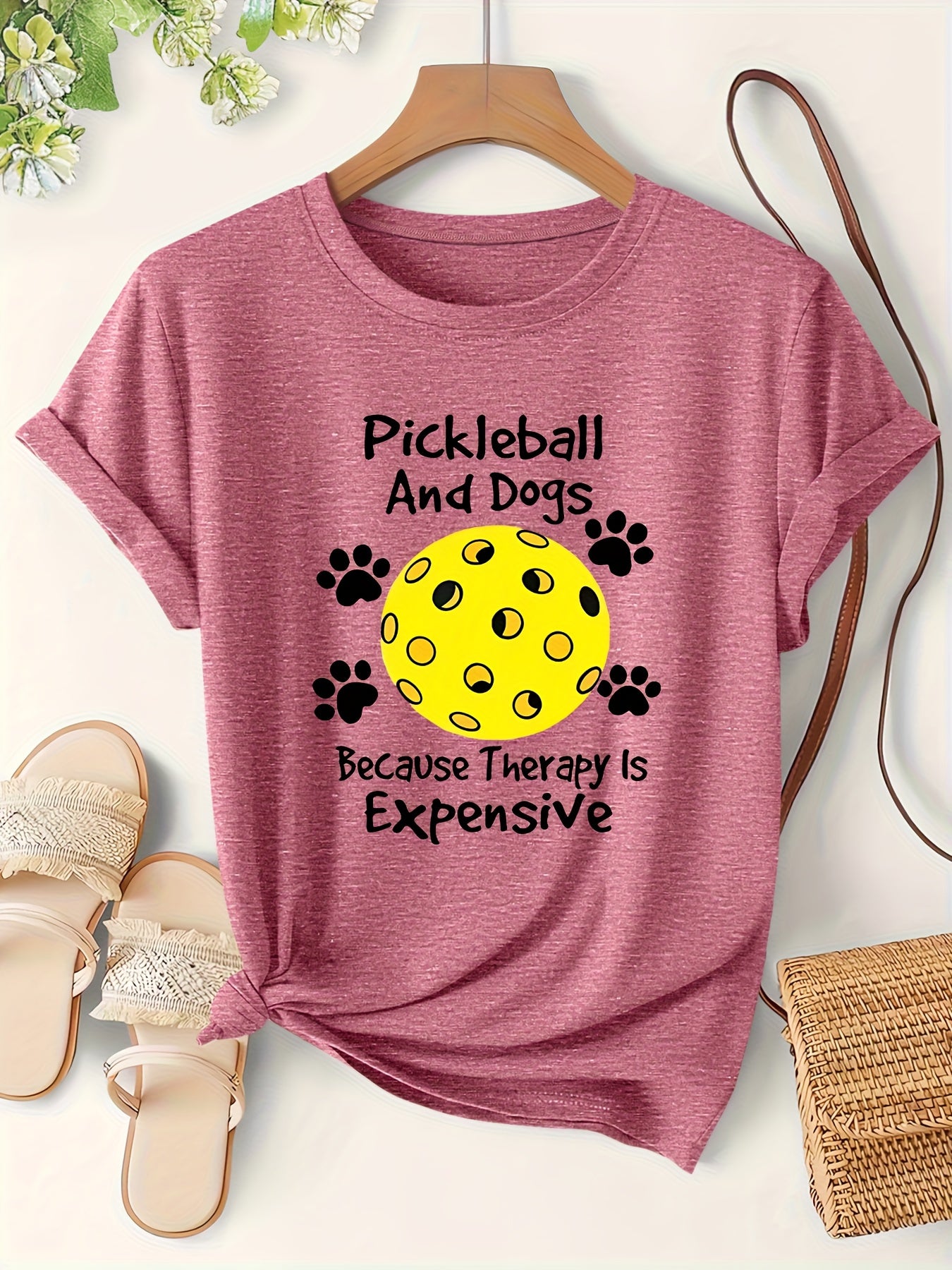 Fashion Printed Women'S Short Sleeve T-Shirt | "Pickleball And Dog" English Letter Print, Lightweight, Cute, Easy Elegant Retro Casual Versatile Korean Style Top, Crew Neck, All Season, Vacation Beach Holiday Sports Women'S A