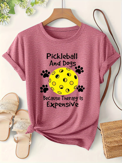Fashion Printed Women'S Short Sleeve T-Shirt | "Pickleball And Dog" English Letter Print, Lightweight, Cute, Easy Elegant Retro Casual Versatile Korean Style Top, Crew Neck, All Season, Vacation Beach Holiday Sports Women'S A