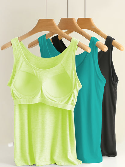 3pcs Set Women's Comfortable Wide Strap Sports Tank Tops with Built-in Pads, No Bra Needed, Simple and Fashionable, Can Be Worn as Innerwear or Outerwear