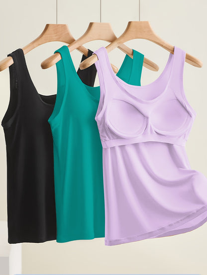 3pcs Set Women's Comfortable Wide Strap Sports Tank Tops with Built-in Pads, No Bra Needed, Simple and Fashionable, Can Be Worn as Innerwear or Outerwear