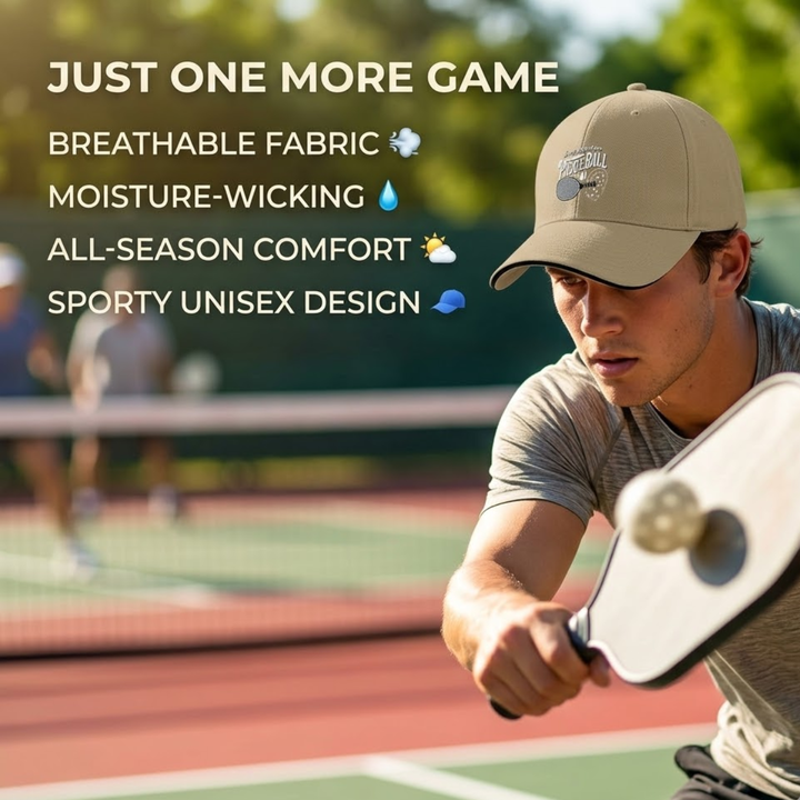 Stylish All-Season Design "Just One More Game" Pickleball Cap - Unisex Adjustable Baseball Cap, Breathable Outdoor Sports Hat for Men Women