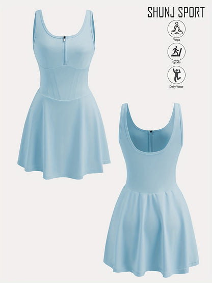 Women's Anti-See-Through Base Layer Sports Dress, New Summer Outdoor Running Fitness Tennis Skirt, Slim-Fit Women's Backless Spring/Summer Tennis/Badminton Fitness Anti-See-Through Zippered Yoga Dress, Pink Side Pocket 2-in-1