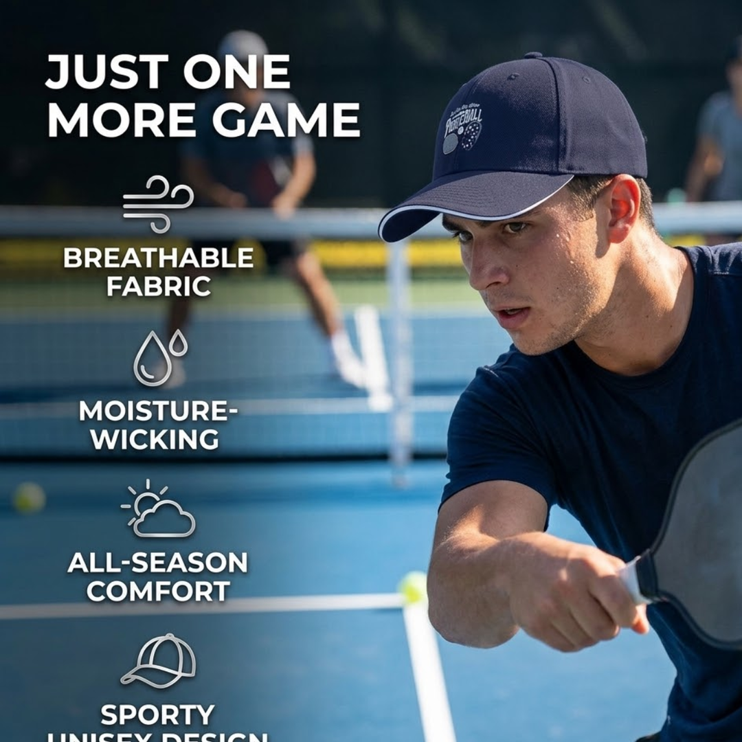 Stylish All-Season Design "Just One More Game" Pickleball Cap - Unisex Adjustable Baseball Cap, Breathable Outdoor Sports Hat for Men Women