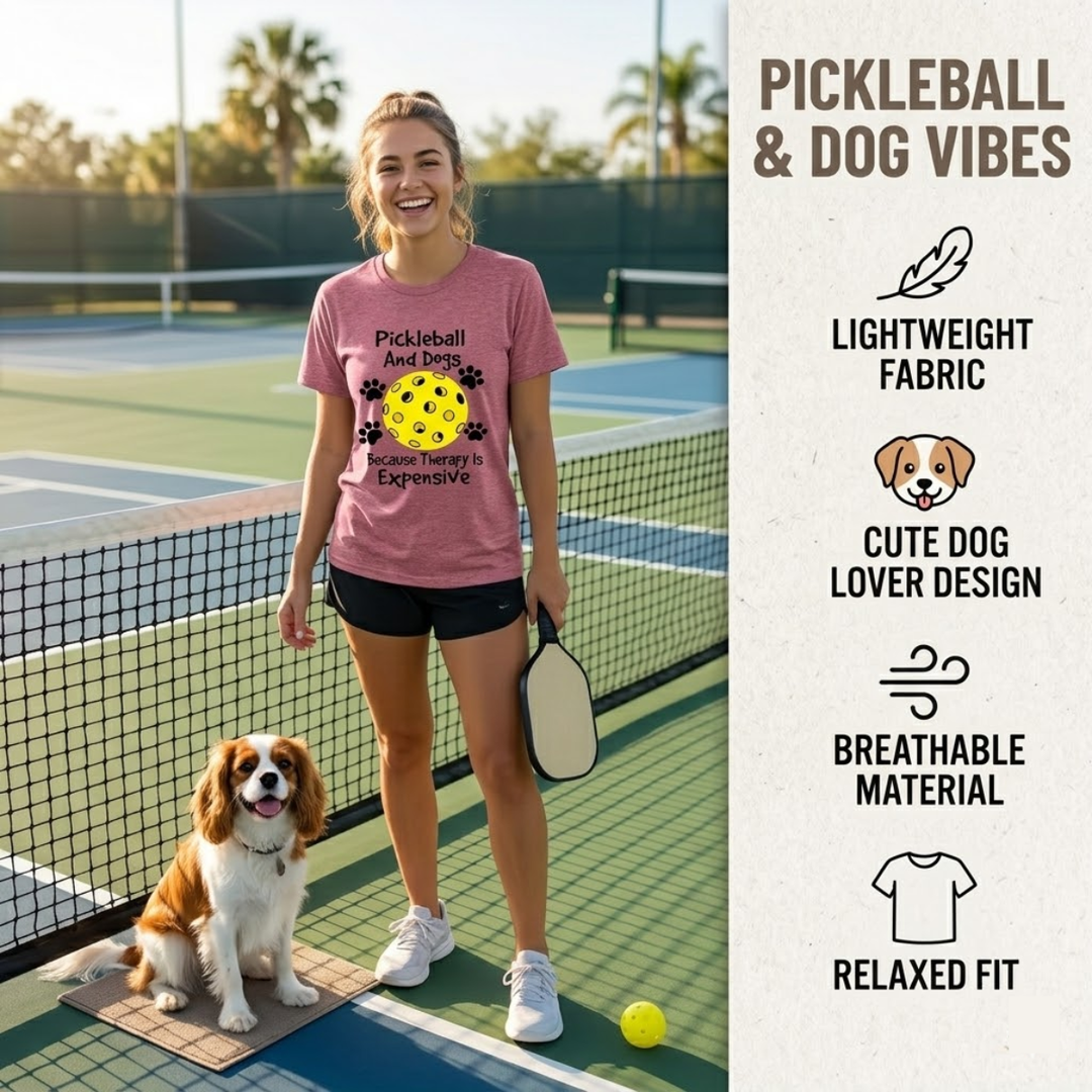 Pickleball &amp; Dog Women’s T-Shirt – Short Sleeve Crew Neck, Casual Retro Style, Breathable Cotton Blend, Cute Graphic Tee
