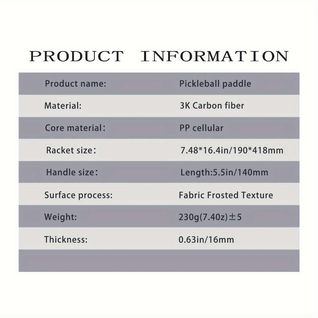3K Carbon Fiber Pickleball Paddle T700 Frame Honeycomb Core TPU Edge PU Grip Lightweight Spin Control Racket