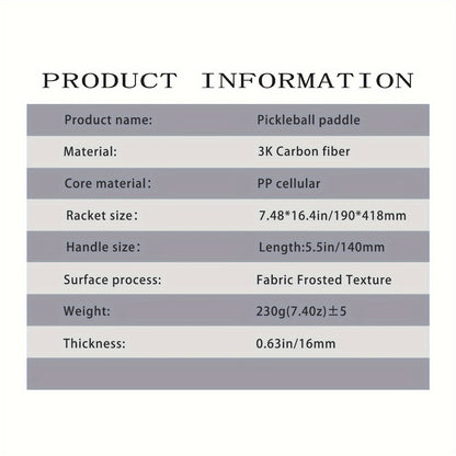 Professional-Grade 3K Carbon Fiber Pickleball Racket with Cold-Pressed Texture & Rough Spin Surface - Heavy-Duty T700 Carbon, PP Honeycomb Core, TPU Frame, PU Grip - Ideal for Training, Competitive Play Suitable for Training
