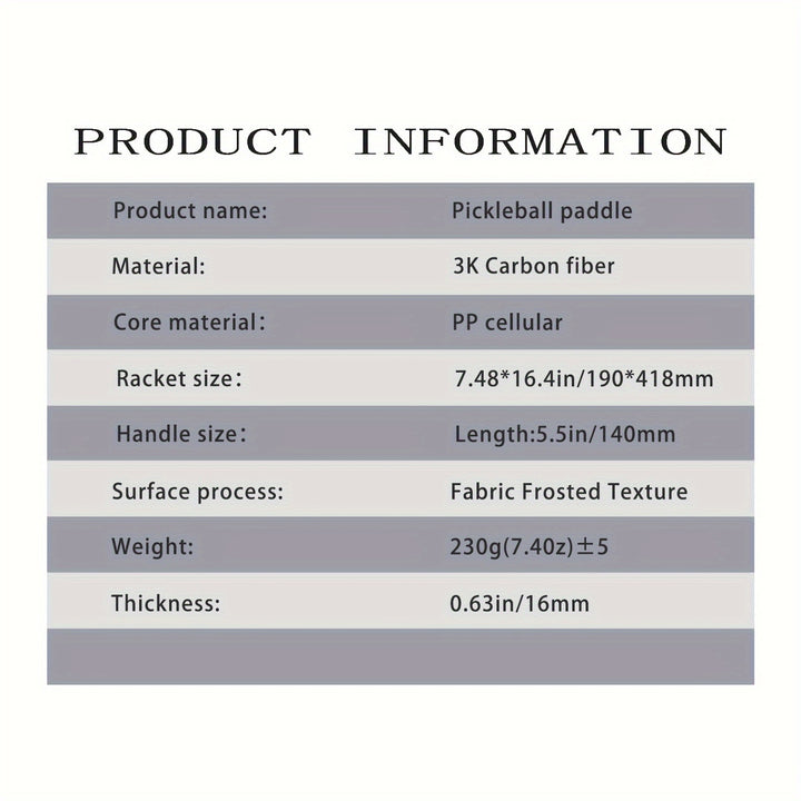 3K Carbon Fiber Pickleball Paddle T700 Frame Honeycomb Core TPU Edge PU Grip Lightweight Spin Control Racket