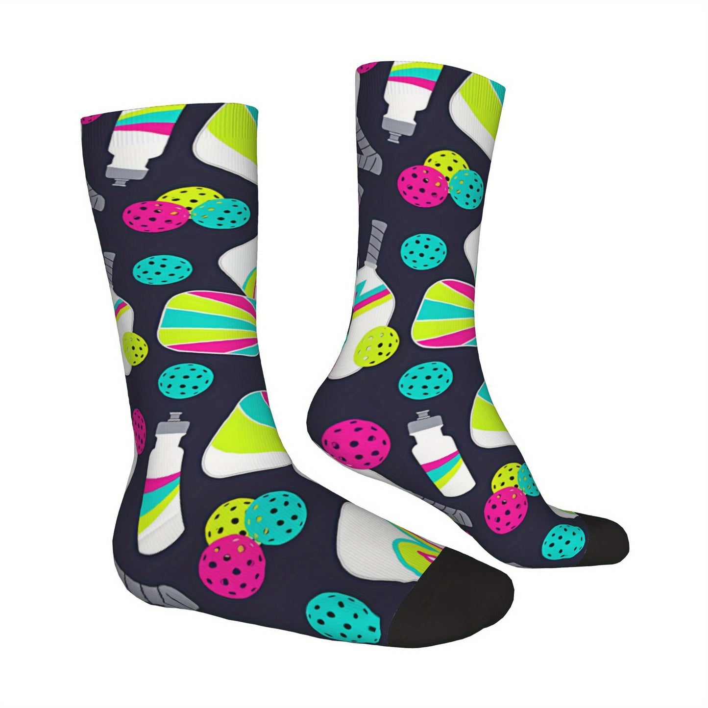 1 Pair Unisex Compression Socks - Hip Hop Vintage Pickleball Party Design, Seamless Crew Socks with Random Printed Novelty Patterns, Funny Street Style for Sports & Casual Wear