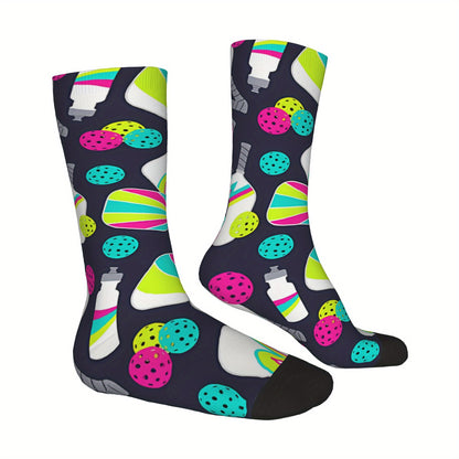 1 Pair Unisex Compression Socks - Hip Hop Vintage Pickleball Party Design, Seamless Crew Socks with Random Printed Novelty Patterns, Funny Street Style for Sports & Casual Wear