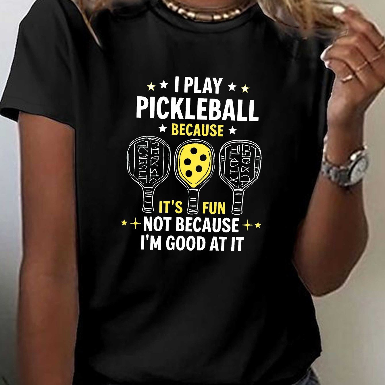 Pickleball Fun Quote Paddles Print T-shirt, Short Sleeve Crew Neck Casual Top for Summer & Spring, Women's Clothing